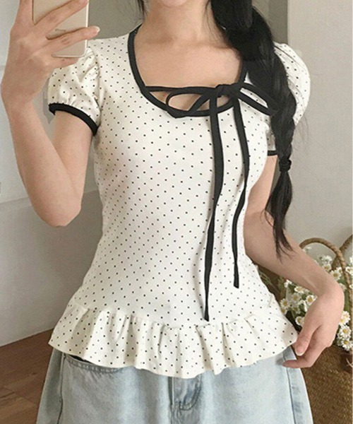 ドット柄 フリル ペプラム トップス ホワイト F セール】ドット柄 裾フリル ペプラム トップス（Tシャツ/カットソー