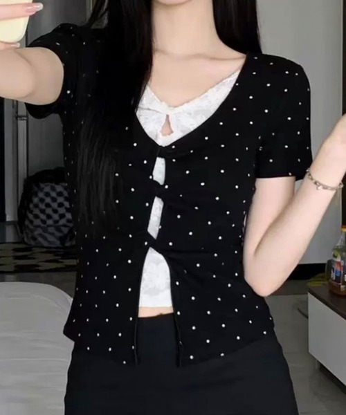 GLAMOROUS JANE(グラマラスジェーン)の「レース切替ドット柄半袖トップス(Tシャツ/カットソー・レディース・ブラック・FREE)」の1枚目の写真