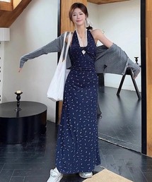 フロントレース切り替え ホルターネック 小花柄 マキシ丈ワンピース