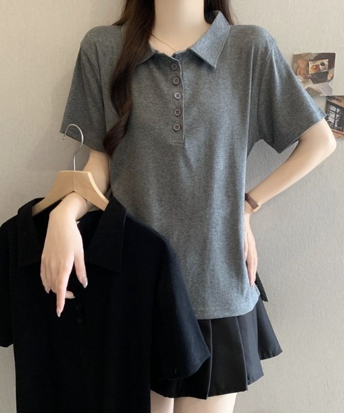 AMAJI(アマジ)の「ポロカラー サイドスリット 半袖Tシャツ(Tシャツ/カットソー・レディース・ブラック/グレー・MEDIUM/LARGE/X-LARGE)」の4枚目の写真