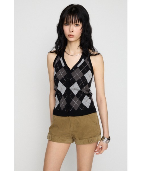 LAGUA GEM（ラグアジェム）の「ARGYLE HALTER NECK トップス（ニット/セーター・レディース・ブラック/ブラウン/グレー・FREE）」の6枚目の写真