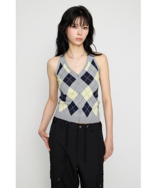 LAGUA GEM（ラグアジェム）の「ARGYLE HALTER NECK トップス（ニット/セーター・レディース・ブラック/ブラウン/グレー・FREE）」の16枚目の写真