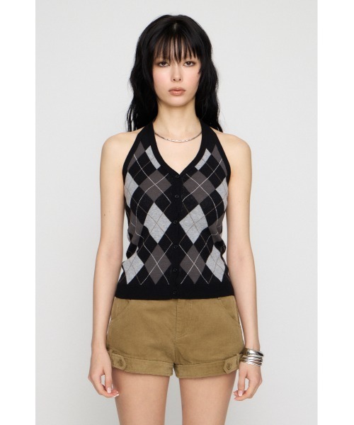 LAGUA GEM（ラグアジェム）の「ARGYLE HALTER NECK トップス（ニット/セーター・レディース・ブラック/ブラウン/グレー・FREE）」の4枚目の写真
