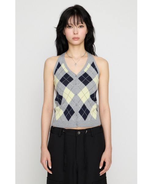 LAGUA GEM（ラグアジェム）の「ARGYLE HALTER NECK トップス（ニット/セーター・レディース・ブラック/ブラウン/グレー・FREE）」の15枚目の写真