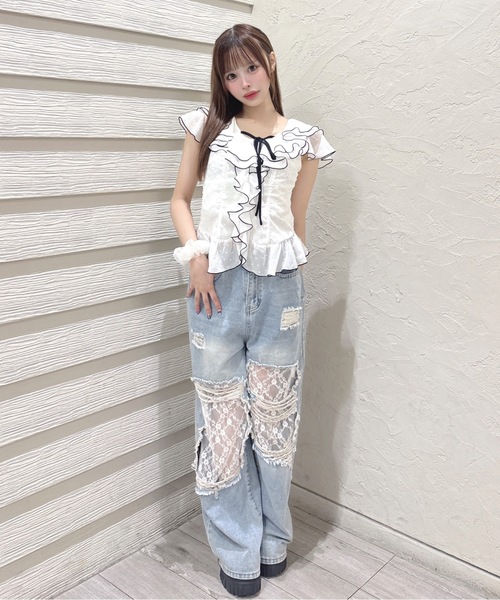one way（ワンウェイ）の「ラッフルペプラムブラウス（シャツ/ブラウス・レディース・アイボリー/ホワイト/サックスブルー/ホワイト系その他・FREE）」の7枚目の写真