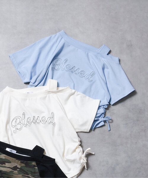 algy(アルジー)の「サイドギャザーワンショルデザイン半袖Tシャツ(Tシャツ/カットソー・キッズ・サックスブルー/アイボリー/カーキ・150/140/130/160)」の3枚目の写真