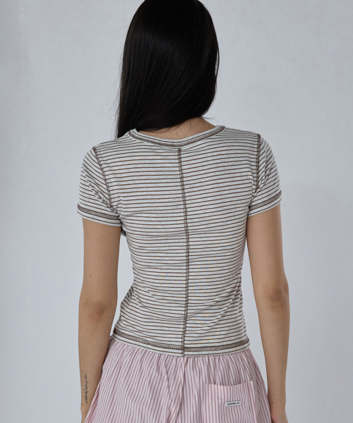 RENSE（レンセ）の「Slim Fit Striped Tee Beige（Tシャツ/カットソー・レディース・その他・OS）」の2枚目の写真