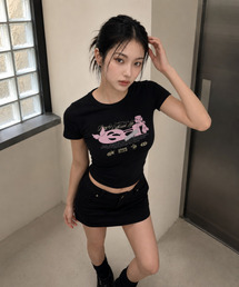 エンジェルコスプレガール ESCFロゴコラージュプリントスリムフィット半袖Tシャツブラック