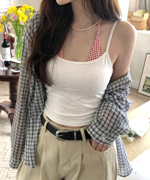 FREE STYLISTS(フリー スタイリスト)の「ギャル 韓国風 リボンタイ フェイクレイヤード ノースリーブ トップス 春・秋インナー(ベスト・レディース・グレー/ブラック/インディゴブルー/ホワイト・F)」の1枚目の写真