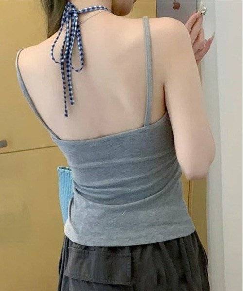 FREE STYLISTS(フリー スタイリスト)の「ギャル 韓国風 リボンタイ フェイクレイヤード ノースリーブ トップス 春・秋インナー(ベスト・レディース・グレー/ブラック/インディゴブルー/ホワイト・F)」の9枚目の写真