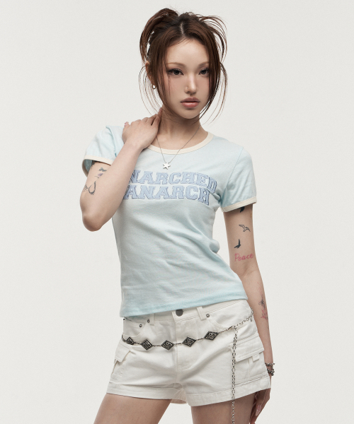 LANARCHIVE（ランアーカイブ）の「[0141] レタリングアプリケウーマンリンガーティーシャツ - ミント（Tシャツ/カットソー・レディース・ミント・FREE）」の2枚目の写真