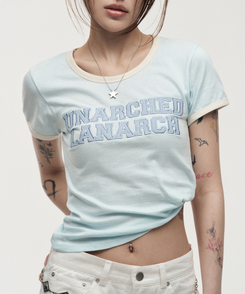 LANARCHIVE（ランアーカイブ）の「[0141] レタリングアプリケウーマンリンガーティーシャツ - ミント（Tシャツ/カットソー・レディース・ミント・FREE）」の3枚目の写真