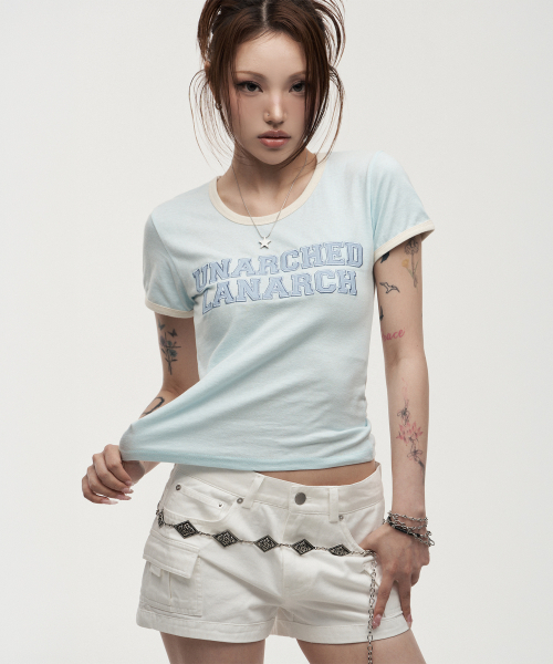 LANARCHIVE（ランアーカイブ）の「[0141] レタリングアプリケウーマンリンガーティーシャツ - ミント（Tシャツ/カットソー・レディース・ミント・FREE）」の4枚目の写真