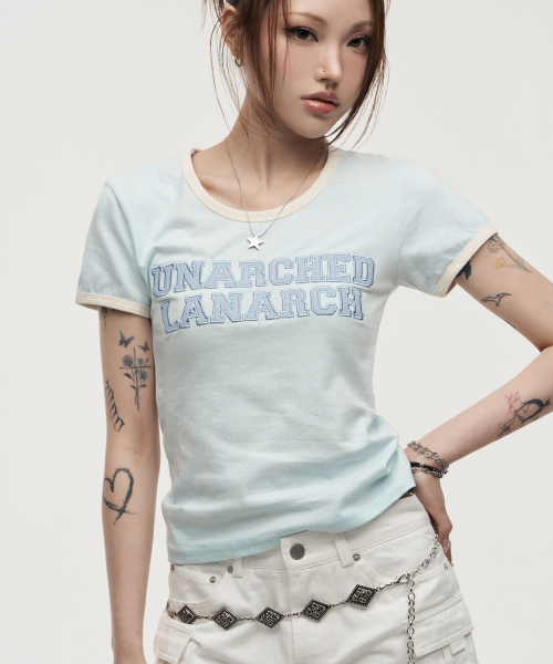 LANARCHIVE（ランアーカイブ）の「[0141] レタリングアプリケウーマンリンガーティーシャツ - ミント（Tシャツ/カットソー・レディース・ミント・FREE）」の5枚目の写真
