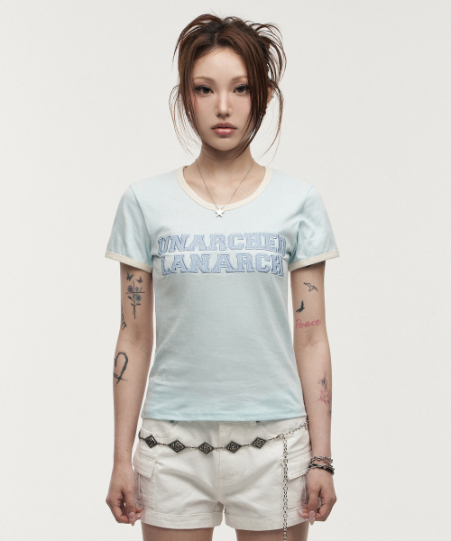 LANARCHIVE（ランアーカイブ）の「[0141] レタリングアプリケウーマンリンガーティーシャツ - ミント（Tシャツ/カットソー・レディース・ミント・FREE）」の6枚目の写真