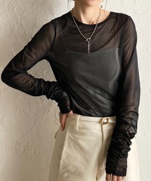 クルーネック長袖シャーリング シアートップス ロングTシャツ