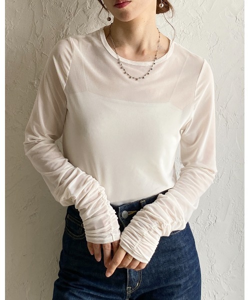 She's Closet(シーズクローゼット)の「クルーネック長袖シャーリング シアートップス ロングTシャツ(Tシャツ/カットソー・レディース・チャコールグレー/ブラック/ホワイト・FREE)」の14枚目の写真