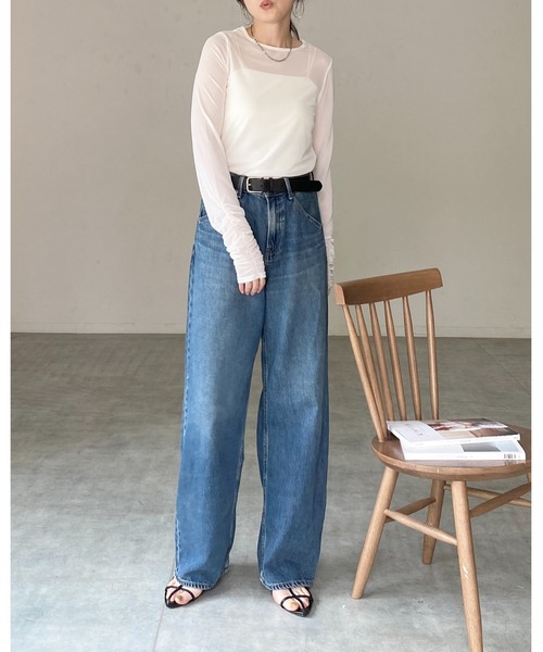 She's Closet(シーズクローゼット)の「クルーネック長袖シャーリング シアートップス ロングTシャツ(Tシャツ/カットソー・レディース・チャコールグレー/ブラック/ホワイト・FREE)」の10枚目の写真