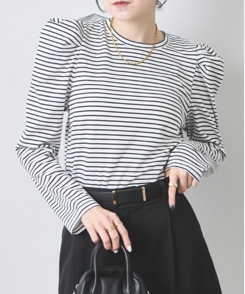 each（イーチ）の「後ろリボンパワショルロングTシャツ（Tシャツ/カットソー・レディース・ブラック×ホワイト/ホワイト×ブラック/ブラック・FREE）」の5枚目の写真