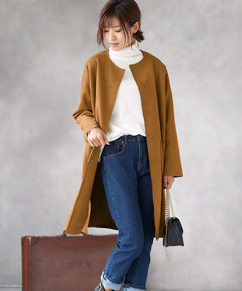 Pierrot（ピエロ）の「フェイクスエード ノーカラーコート（ノーカラー