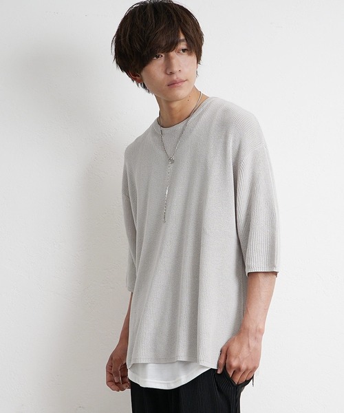 MinoriTY(マイノリティ)の「【MinoriTY】ビッグシルエットサマーニット メンズ クルーネック 5分袖/半袖 Tシャツ 麻タッチ畔編み セーター 無地 夏服 秋服(ニット/セーター・メンズ・ブラック/ベージュ/オフホワイト/グレー/ピンク/ブルーグレー/ラベンダー/グリーン/グレー系その他/ブラウン系その他/ブルー系その他/ブラウン/グリーン系その他/バイオレット/マスタード/ダークグリーン/レッド・M/L/S)」の22枚目の写真