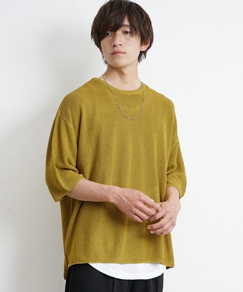 MinoriTY(マイノリティ)の「【MinoriTY】ビッグシルエットサマーニット メンズ クルーネック 5分袖/半袖 Tシャツ 麻タッチ畔編み セーター 無地 夏服 秋服(ニット/セーター・メンズ・ブラック/ベージュ/オフホワイト/グレー/ピンク/ブルーグレー/ラベンダー/グリーン/グレー系その他/ブラウン系その他/ブルー系その他/ブラウン/グリーン系その他/バイオレット/マスタード/ダークグリーン/レッド・M/L/S)」の20枚目の写真