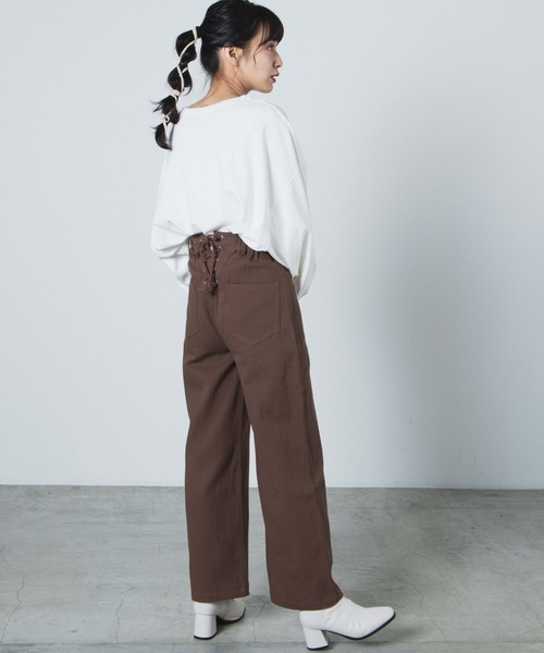 WEGO（ウィゴー）の「WEGO/レースアップカラーストレートパンツ（チノパンツ・レディース・ブラウン/オフホワイト・FREE）」の6枚目の写真