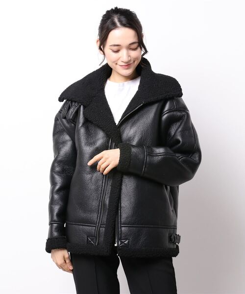 THISIS(ディスイズ)の「ビッグサイズ PUボンディング B-3ジャケット(ムートンコート・レディース・ブラック/グレー/ブラック系その他・MEDIUM/LARGE/X-LARGE)」の8枚目の写真