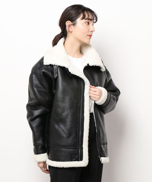 THISIS(ディスイズ)の「ビッグサイズ PUボンディング B-3ジャケット(ムートンコート・レディース・ブラック/グレー/ブラック系その他・MEDIUM/LARGE/X-LARGE)」の7枚目の写真