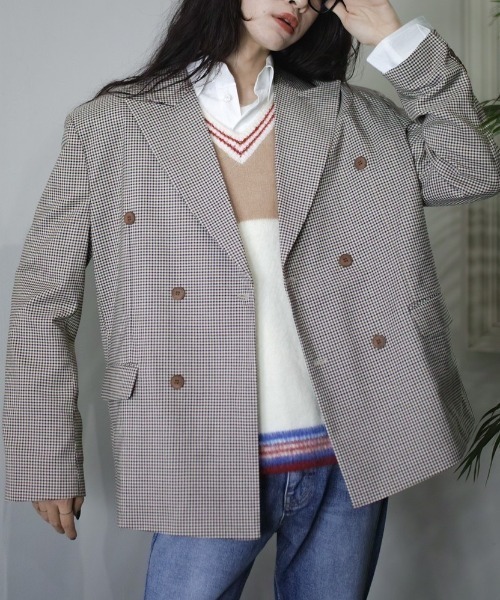 Chikashitsu +（チカシツプラス）の「【Chikashitsu + /チカシツプラス】oversized check jacket/オーバーサイズジャケット ビッグサイズジャケット チェック柄ジャケット（テーラードジャケット・メンズ・ブラック/ブラウン・ONE SIZE）」の2枚目の写真