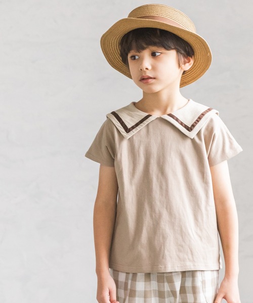 pairmanon（ペアマノン）の「【なめらか肌触り】【かぞくおそろい】セーラーカラー 半袖Tシャツ（Tシャツ/カットソー・キッズ・ブルー系その他3/アイボリー/ブラック/グレイッシュベージュ/モカ/ピンク/ライトベージュ・140/100/130/120/90/150/110）」の5枚目の写真