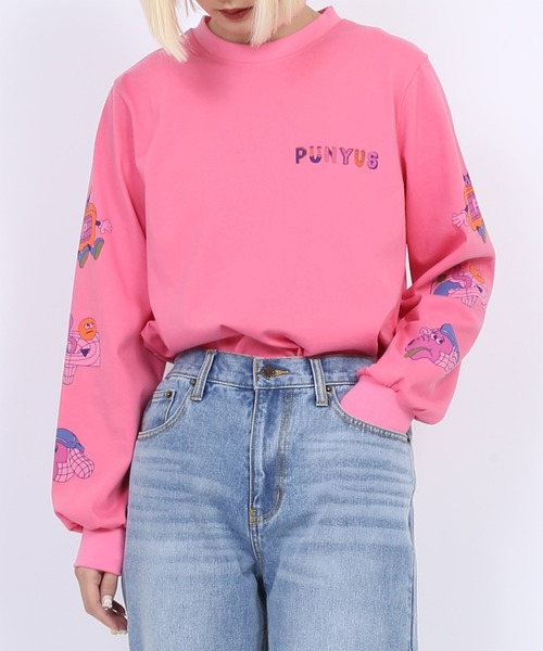 PUNYUS(プニュズ)の「スリーブプリントロンT(Tシャツ/カットソー・レディース・ピンク/オレンジ/ホワイト/ブラック・1/2/3/4)」の1枚目の写真