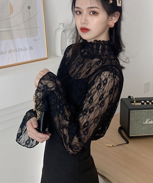 urge：（アージコロン ）の「【URGE：】フラワー レース シャーリング ブラウス（シャツ/ブラウス・レディース・ホワイト/ブラック/ライトベージュ・FREE）」の9枚目の写真