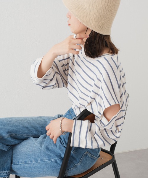 Kastane(カスタネ)の「【新色追加】カットアウトボーダーTee(Tシャツ/カットソー・レディース・ブラック/ピンク/ブルー/サックスブルー・FREE)」の7枚目の写真