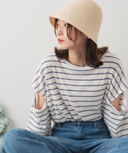 Kastane(カスタネ)の「【新色追加】カットアウトボーダーTee(Tシャツ/カットソー・レディース・ブラック/ピンク/ブルー/サックスブルー・FREE)」の6枚目の写真