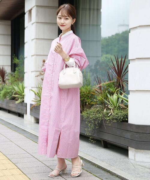 新品 COEL ボリュームスリーブ ミニワンピース ストライプ ピンク 緑 38 新品 COEL ボリュームスリーブ ミニワンピース ストライプ ピンク 緑