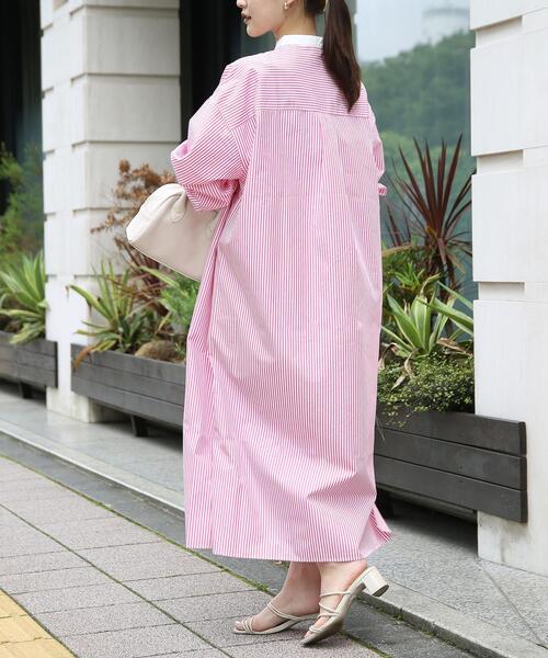 新品 COEL ボリュームスリーブ ミニワンピース ストライプ ピンク 緑 38 coen（コーエン）の「ボリュームスリーブストライプシャツワンピース