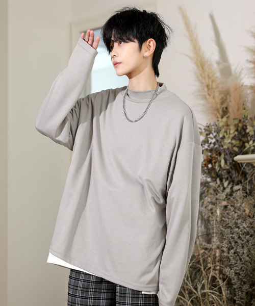 neos(ネオス)の「【neos -addictive design-】ルーズシルエット モックネック ポンチ ロングスリーブ Tシャツ(Tシャツ/カットソー・メンズ・ホワイト/チャコールグレー/ブラック/ネイビー/ブラウン/ブルーグレー/ワインレッド/杢グレー/グリーン/ベージュ・MEDIUM/LARGE)」の7枚目の写真