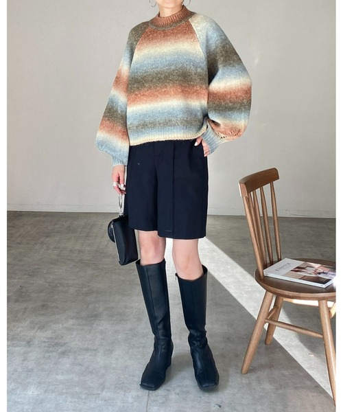 She's Closet（シーズクローゼット）の「モヘアタッチボリュームスリーブショート丈グラデーションニット（ニット/セーター・レディース・グリーン×オレンジ/マスタード/オレンジ・FREE）」の7枚目の写真