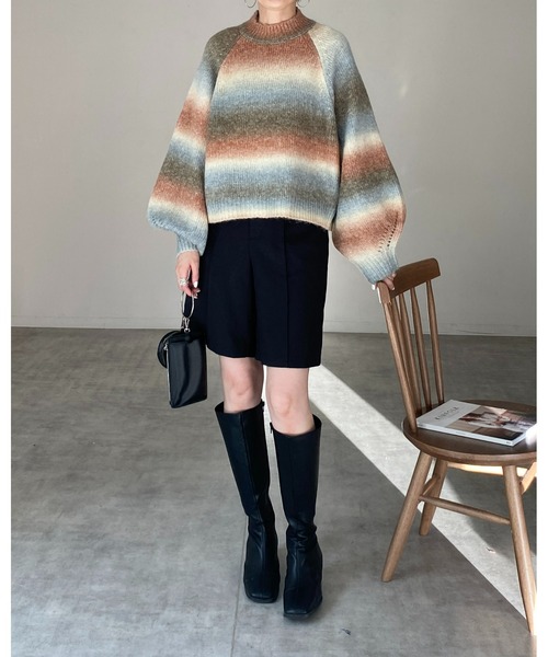 She's Closet（シーズクローゼット）の「モヘアタッチボリュームスリーブショート丈グラデーションニット（ニット/セーター・レディース・グリーン×オレンジ/マスタード/オレンジ・FREE）」の9枚目の写真