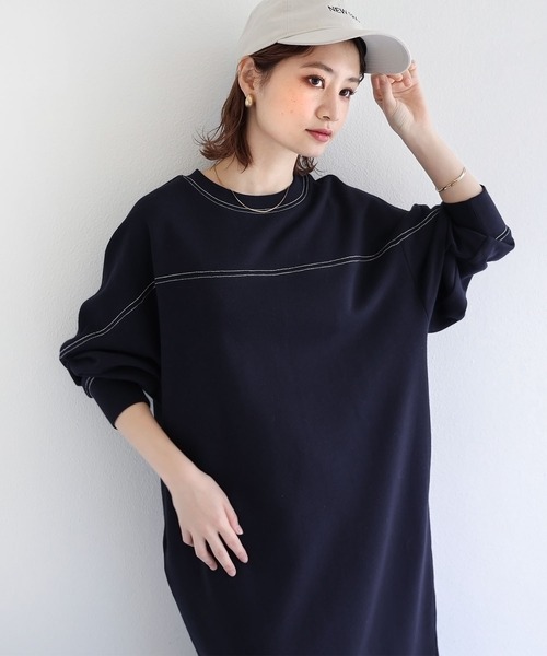 andme(アンドミー)の「裏起毛配色ステッチ長袖スウェットワンピース(ワンピース・レディース・ホワイト/チャコールグレー/ブラック/ネイビー/ブラウン/ブルー/アイボリー/グレー系その他・M)」の7枚目の写真