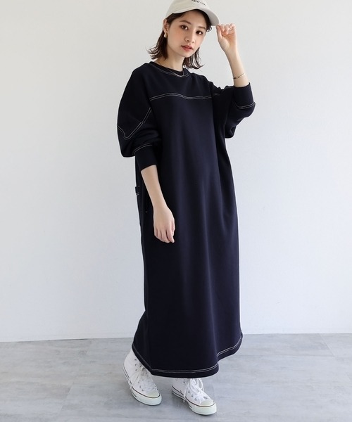 andme(アンドミー)の「裏起毛配色ステッチ長袖スウェットワンピース(ワンピース・レディース・ホワイト/チャコールグレー/ブラック/ネイビー/ブラウン/ブルー/アイボリー/グレー系その他・M)」の10枚目の写真