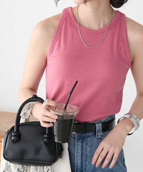 BONLECILL（ボンルシール）の「カップ付き テレコリブ アメリカンスリーブタンクトップ（タンクトップ・レディース・オレンジ/レッド/ライトグリーン/ブラック×ホワイト/ブラック/オフホワイト/ブルー/チャコールグレー/グレイッシュブルー/ピンク/ネイビー系1・FREE）」の9枚目の写真