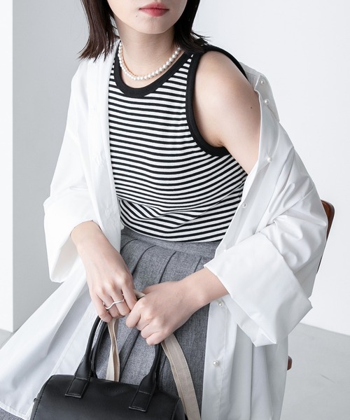 BONLECILL（ボンルシール）の「カップ付き テレコリブ アメリカンスリーブタンクトップ（タンクトップ・レディース・オレンジ/レッド/ライトグリーン/ブラック×ホワイト/ブラック/オフホワイト/ブルー/チャコールグレー/グレイッシュブルー/ピンク/ネイビー系1・FREE）」の22枚目の写真