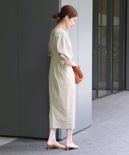 ヴェルメイユパーイエナ　40サイズ　23SS 　綿麻ストレッチ　ワンピース　青 VERMEIL par iena（ヴェルメイユパーイエナ）の「綿麻ストレッチ