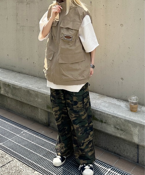 00s UTILITY ギミック ナイロン ベスト L ベージュ ベルクロ RUUBON ベスト ジレ 「RUUBON」mulch pocket nylon mesh vest
