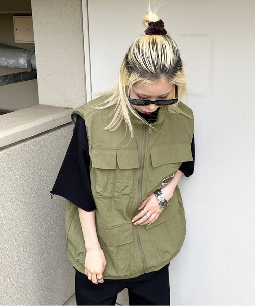 00s UTILITY ギミック ナイロン ベスト L ベージュ ベルクロ RUUBON ベスト ジレ 「RUUBON」mulch pocket nylon mesh vest