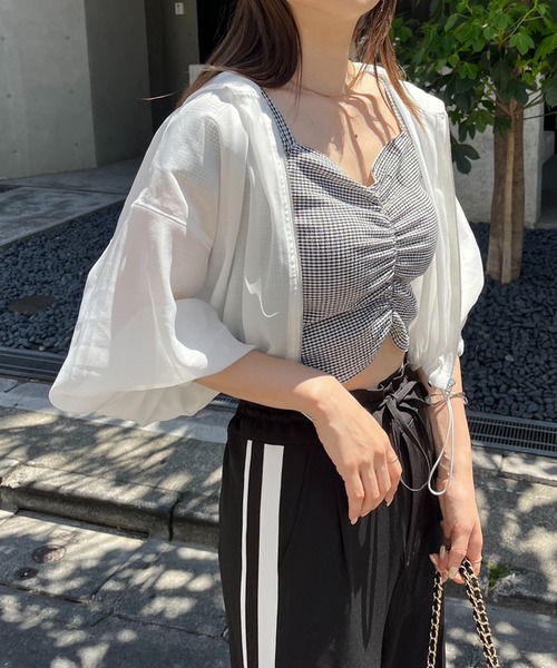 one after another NICE CLAUP(ワンアフターアナザーナイスクラップ)の「胸クシュブラトップ(タンクトップ・レディース・アイボリー/ブラック/ホワイト×ブラック/ピンク・FREE)」の14枚目の写真