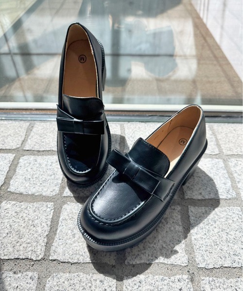 軽量厚底 ヒールアップ やわらか リボン ローファー 6816（ローファー