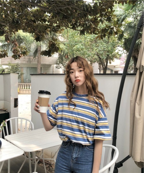 ARCADE(アーケード)の「オーバーサイズ マルチボーダー Tシャツ 半袖 【-ARCADE Limited Line-】(Tシャツ/カットソー・レディース・イエロー/ネイビー・FREE)」の7枚目の写真